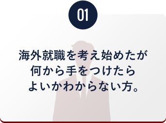 海外就職を考え始めたが何から手をつけたらよいかわからない方。