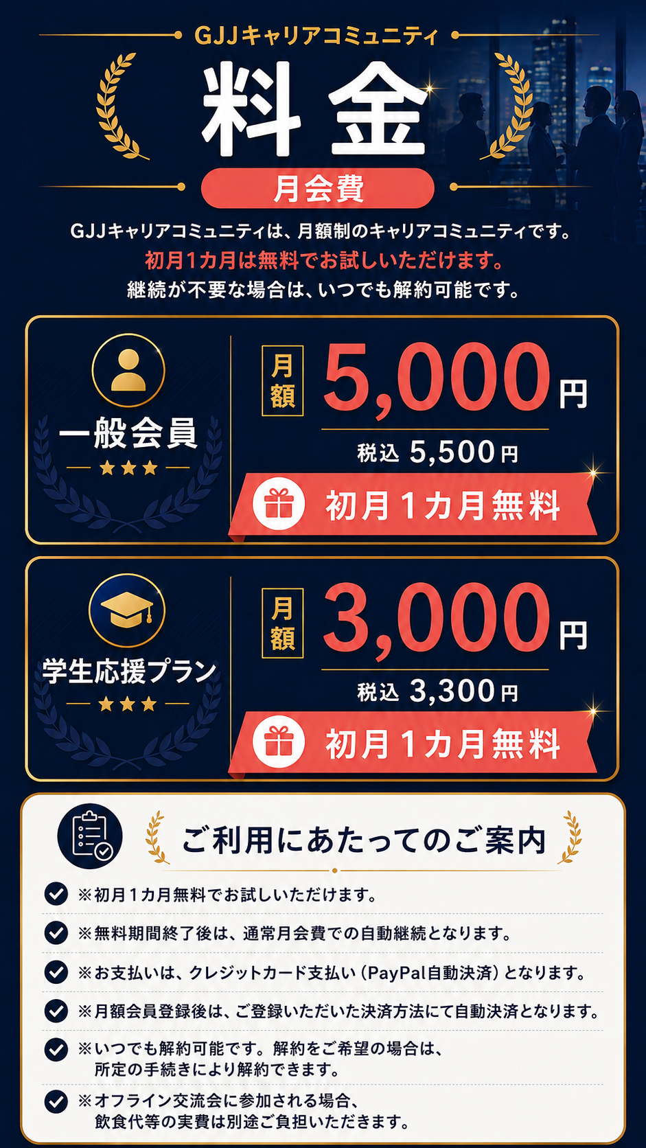 GJJキャリアコミュニティの月会費とご利用にあたってのご案内