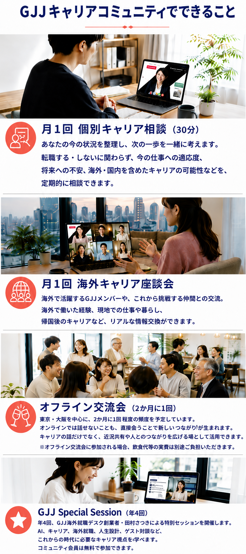 GJJキャリアコミュニティでできること。個別キャリア相談、海外キャリア座談会、オフライン交流会、GJJ Special Session