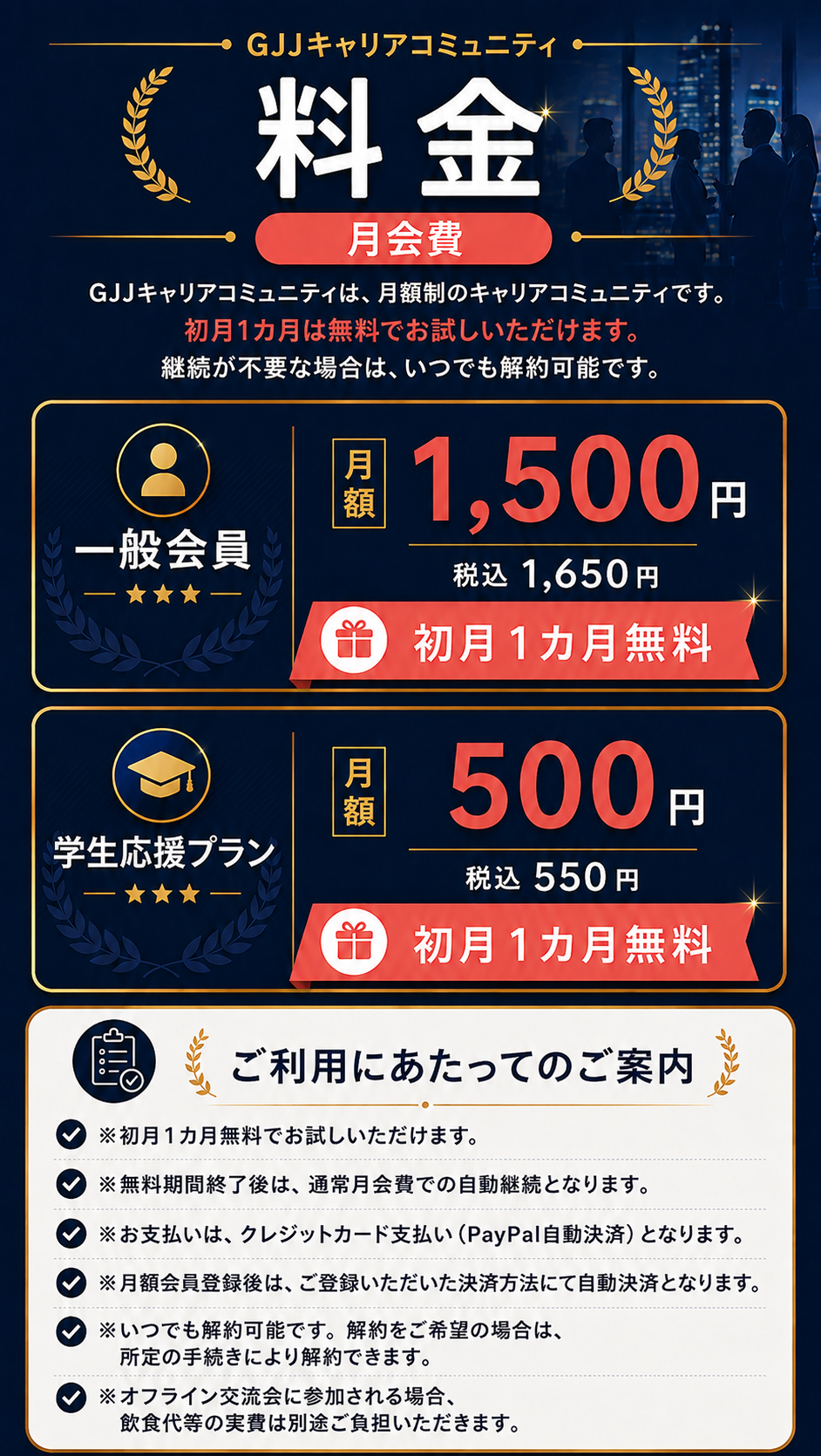 GJJキャリアコミュニティの月会費とご利用にあたってのご案内